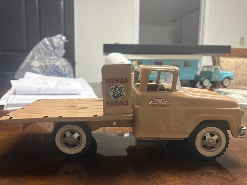 Vintage Tonka Farms Tan Stake Truck With Horse Trailer, 1960's Pressed Steel