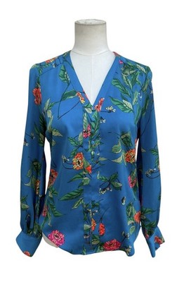 Express Small Blue Floral Blouse V Neck Long Sleeve Button Front Lightweight Top