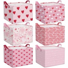 6 Pcs Valentine's Day Heart Storage Basket Set Fabric Foldable Organizer Pink