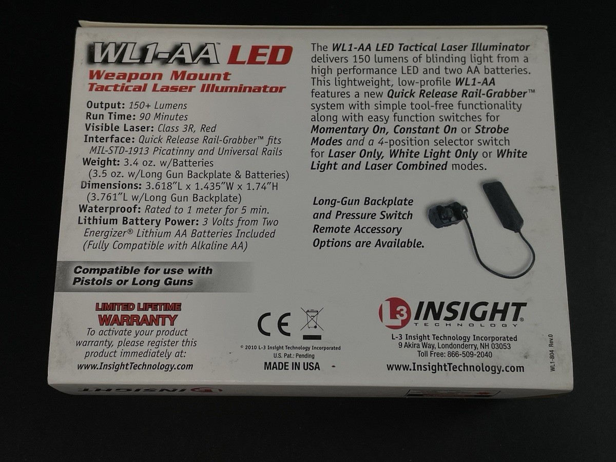 Insight L3 Eotech WL1-AA Weapon Rail Mounted Led Light W/ Red