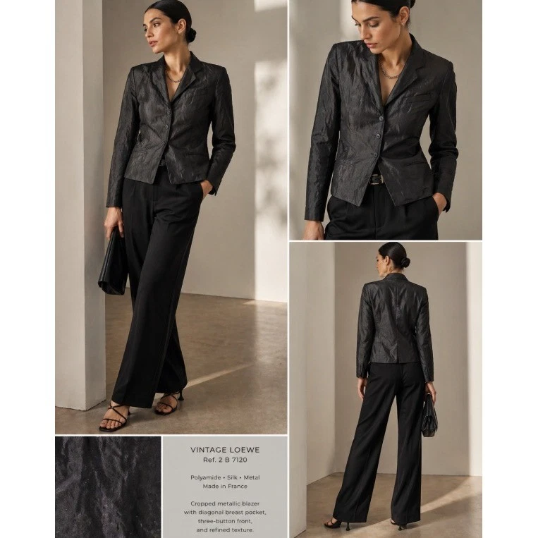 Loewe — NEW Vintage Loewe Cropped Metallic Blazer 8 Black Textured Silk Blend Y2K Jacket