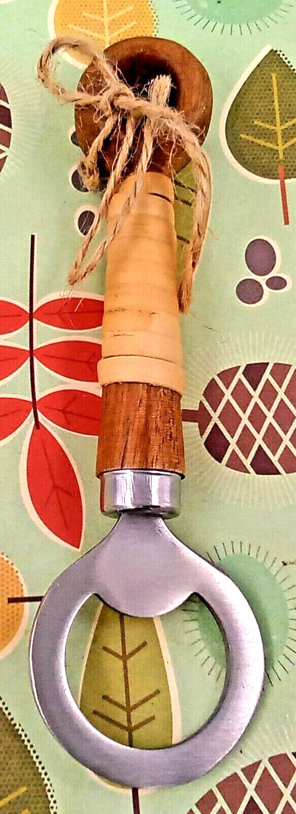 Bottle Cap Opener Brushed Nickel Wood Plastic Caned Handle Hole Hang Jute 5