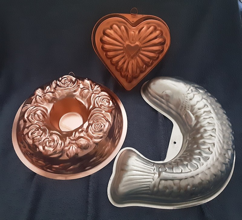 3 Vintage Copper Jello Molds, Fish, Heart, Rose Ring