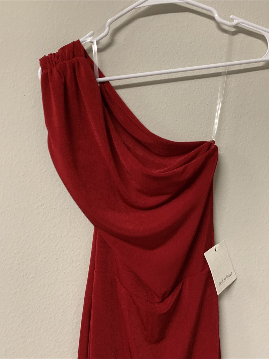 Skylar Rose One Shoulder Red Cocktail Dress Lined with Slit