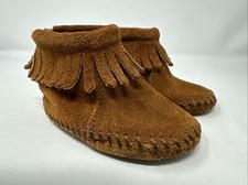 MInnetonka Baby's US Sz 2 Suede Back Flap Fringe Moccasin Booties Brown 1182