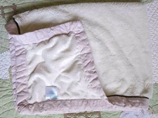 Lambs & Ivy White Fluffy w Brown Satin Piping Pink Swirl Edge Baby Girl Blanket