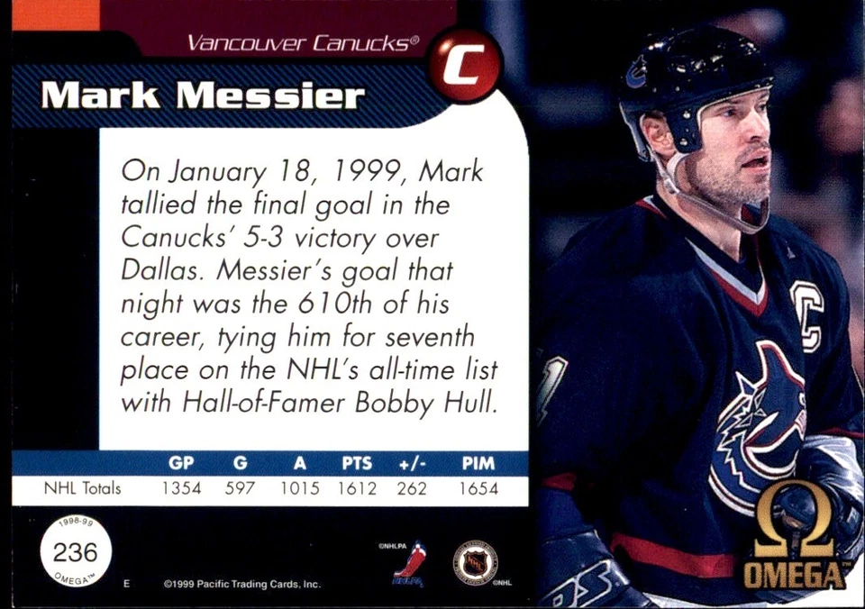 Mark Messier VANCOUVER CANUCKS 1998-99 Pacific Omega #236 - Image 2 of 2