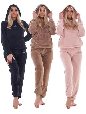 Ladies Fleece Pyjama Set Soft Warm Pocket Hooded Top Pants Loungewear Nightwear