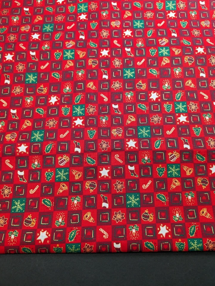 Red Green Gold Checkered Christmas Print Fabric Holiday Print 5 Yards Cotton - Image 2 of 4