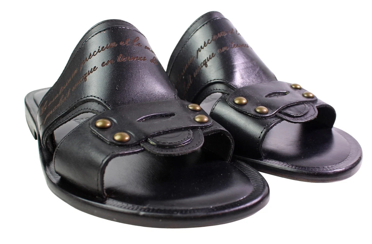 Leather Italian Sandals Mens Black Genuine Leather Slip on Shoes