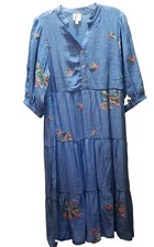 Anthropologie Fig And Flower Dress Womens M Blue Tiered Embroidered Maxi