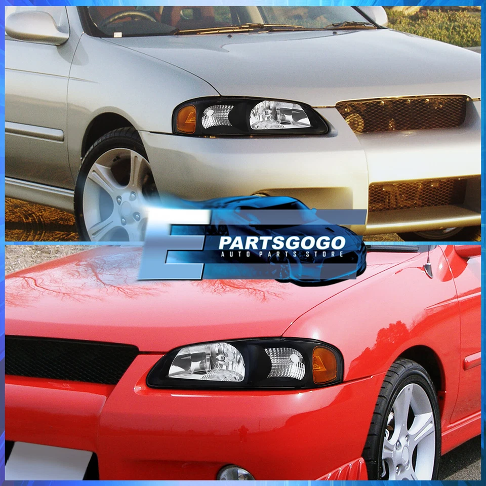 For 00-03 Nissan Sentra JDM Black Housing Amber Reflectors Headlights Lamps Pair Foto 2 de 4