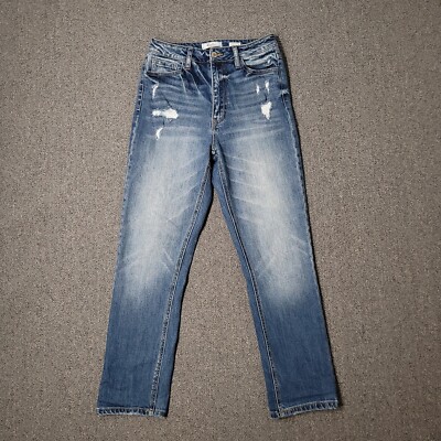 Kancan Jeans Womens 26x27 Blue Baggy Fit High Rise Medium Wash Distress Stretch 