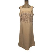 Elegant Beige Sleeveless Cocktail Dress with Lace Detail & Empire Waist Size 18