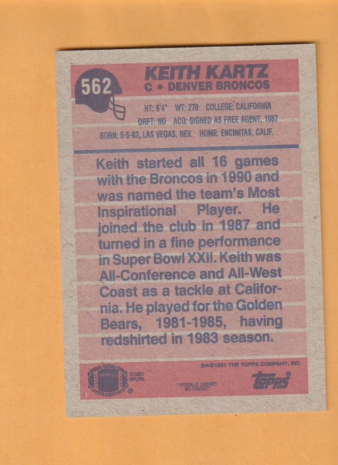 Keith Kartz Denver Broncos AUTO Signed 1991 Bowman California Bears 3A - Image 2 of 2