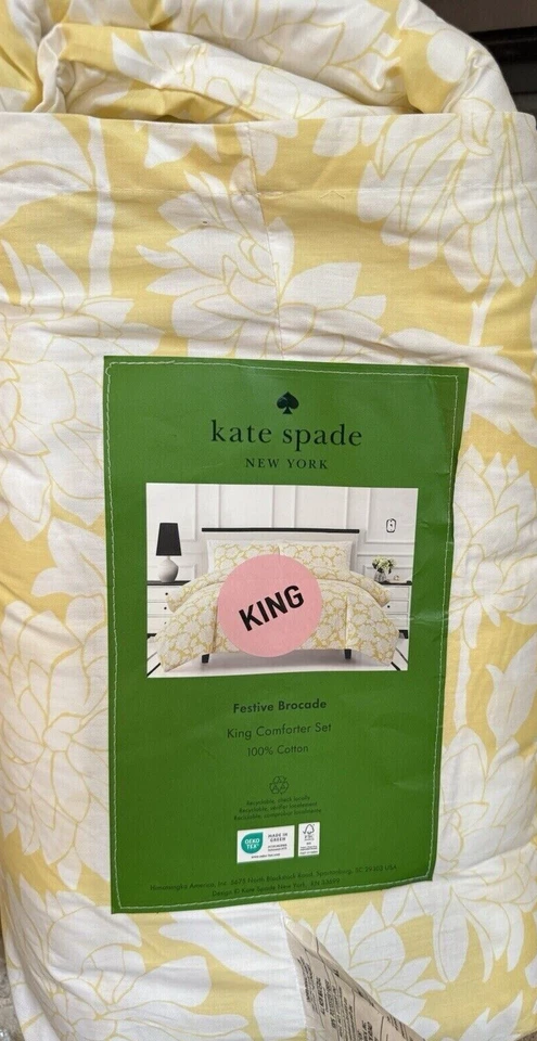 KATE SPADE Festive Brocade Yellow White Floral Cotton King 3pc Comforter Set NEW - Image 3 of 4