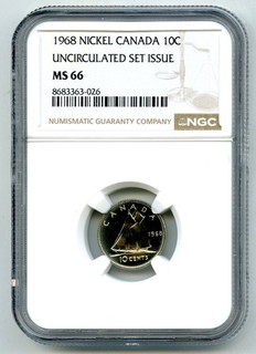 1968 CANADA 10 CENT BLUENOSE DIME NGC MS 66 UNCIRCULATED SET ISSUE COIN