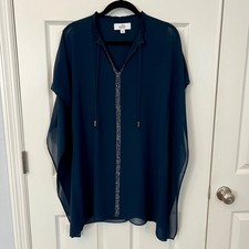 Belle Badgley Mischka Tunic Womens L Navy Blue Beaded Caftan Sequin Dressy Flowy