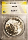 1925 Silver $1 Peace Dollar MS 63 ANACS # 7490213 + Bonus