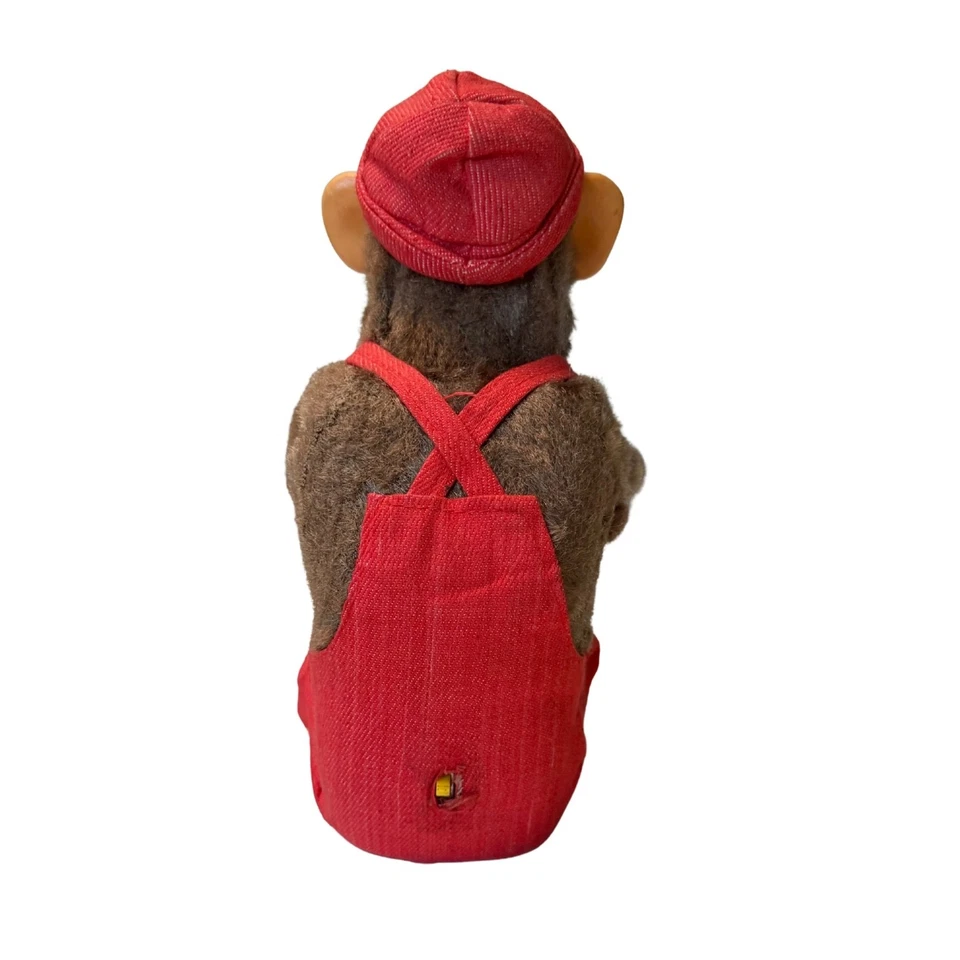 Винтажный красный комбинезон тарелка обезьяна игрушка веселый шимпанзе 1950-е на батарейках - Изображение 3 из 4