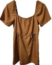 NWT Forever 21 Maple Linen Blend Babydoll Mini Dress Sz S Short Puff Sleeves