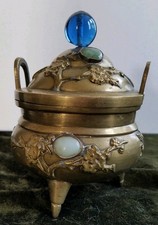 Qing Dynasty Bronze Censer Xuande Mark Chinese Prunus Jade Coral Stones Antique
