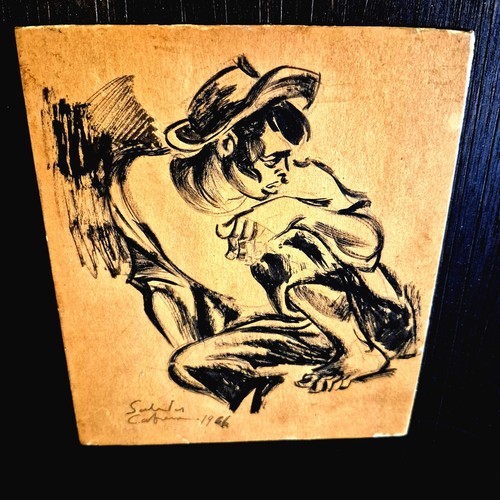 Boceto vintage 1966 en madera firmado - panel de arte montado de 12"x12" - Imagen 4 de 9