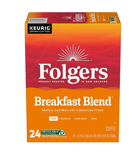 Folgers Breakfast Blend, Mild Roast Coffee, Keurig K Cup Pods, 24 Count Box