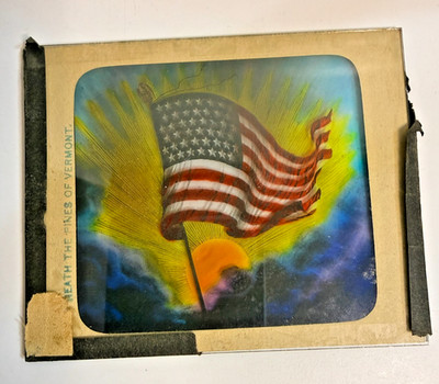 Antique  Glass Lantern Slide American Flag ''Heath the pines of Vermont''
