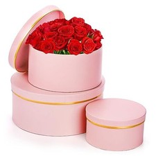3 Pcs Round Gift Boxes with Lid, Pink Flower Box with Golden Rim Nested Party