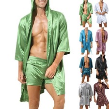 Men Hooded Loose Satin Silk Bathrobe Pajamas Sleepwear Gown Bath Robe Nightwear