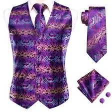 Mens Waistcoat Purple Paisley Vest Tie Hankie Cufflinks Set Wedding Formal Party