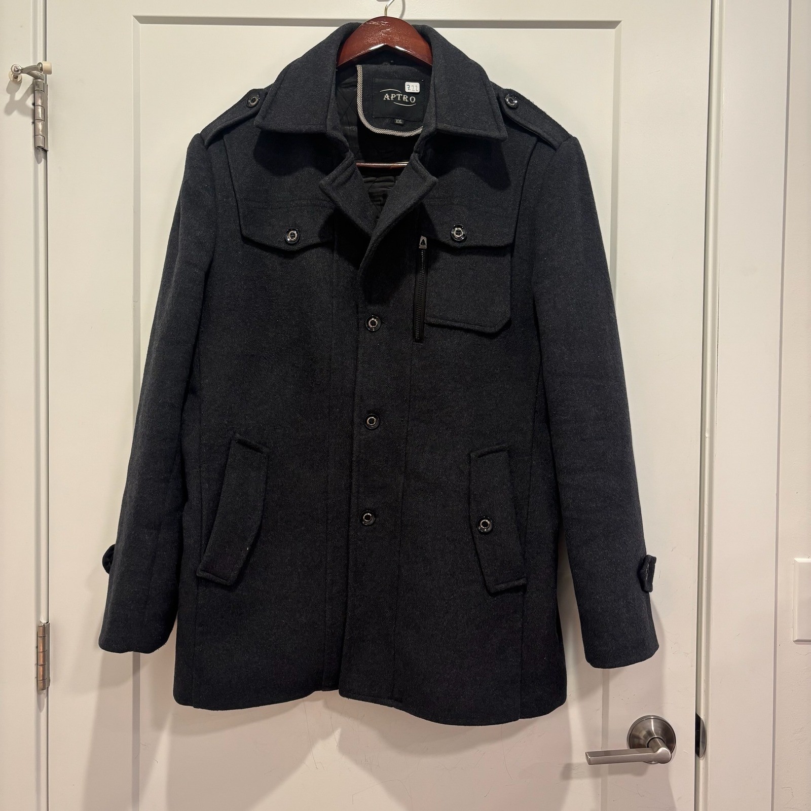 Aptro Mens Wool Blend Pea Coat Charcoal Gray Military Style Jacket XXL
