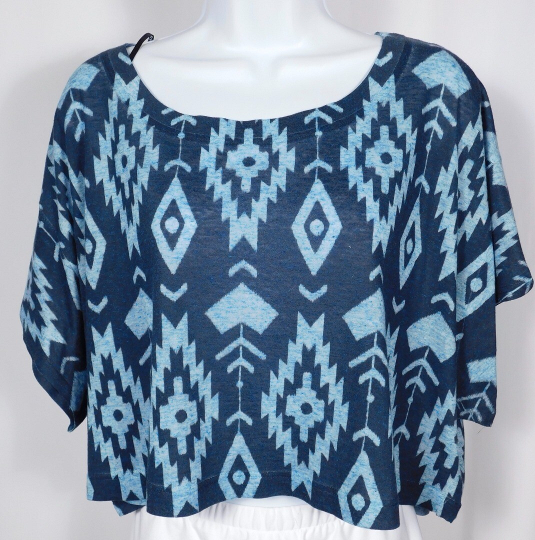 XXI FOREVER 21 Women's Blue Geometric Print Scoop Neck SS Cropped