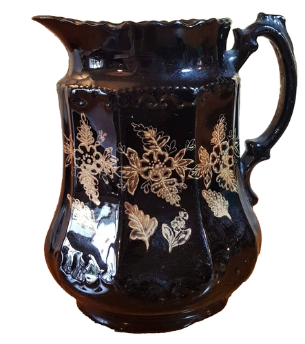 Antique Late Victorian Black Jackfield Glazed Jug with gilded highlights C1880 - Picture 1 of 16