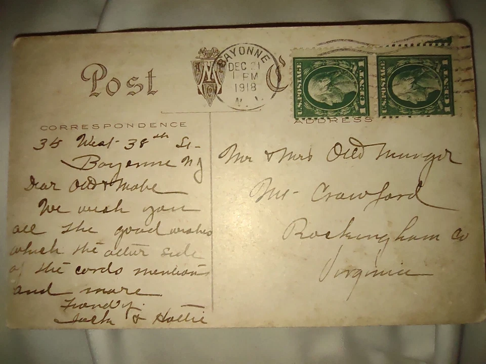 Green 1 Cent George Washington Stamp Rare Lot Of Two On 1918 Postcard Christmas - Image 2 of 4