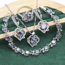 Heart Shaped  4 pc 925 Silver Created Mystic Topaz Jewelry Set - 9 ring size