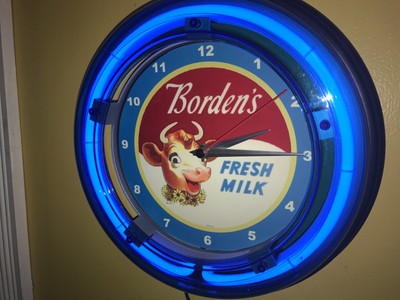 Borden Fresh Milk Dairy Elsie the Cow Kitchen Diner Neon Clock Advertising Sign