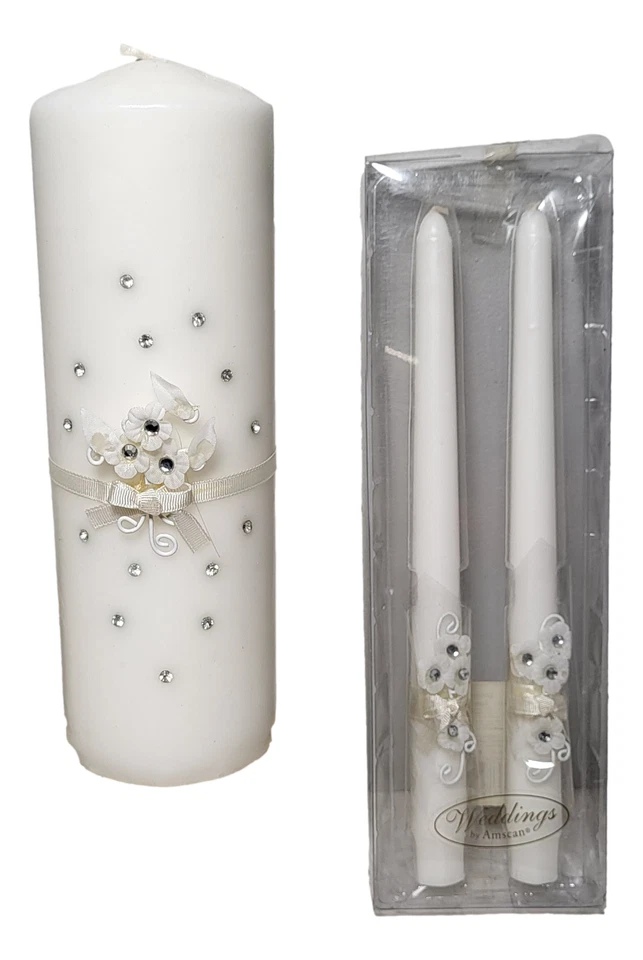 Juego de velas Unity pilar de boda blanco 9" y 2 10" cónicas elegantes pedrería Foto 4 de 4