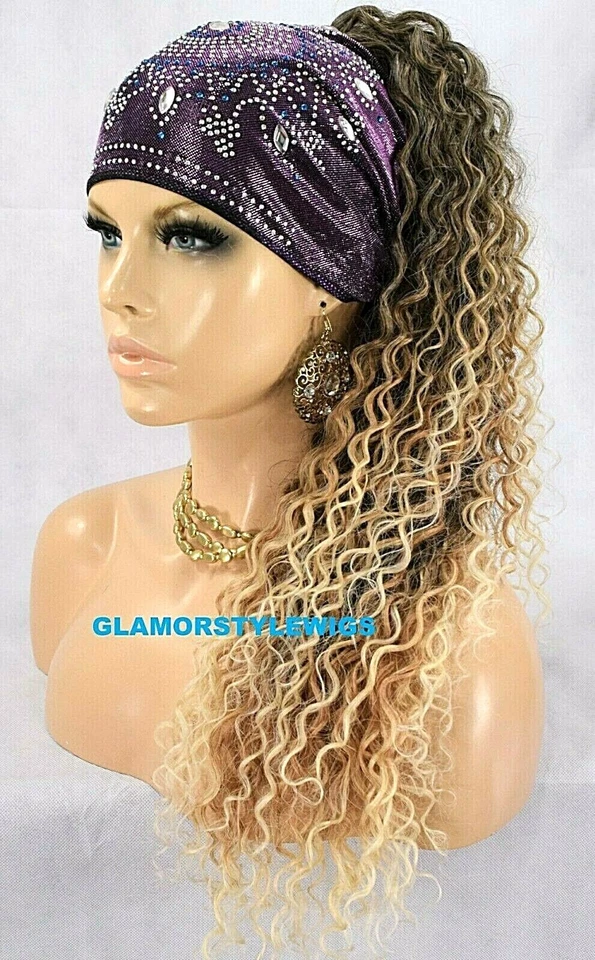 Human Hair Blend Ponytail Long Curly Layered Hair Piece Extensions Brown Blonde - Image 4 of 4