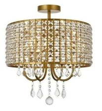 Chandelier Flush Mount Light Fixture Round Shade with Crystals Brass Dining Room