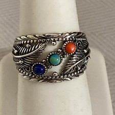 Southwestern Signed Beautiful Sterling Lapis Coral Turquoise Ring Size 8 1/4