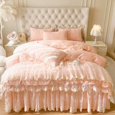 4Pcs Pink Romantic Princess Style Bedding Set Lace Ruffles Duvet Cover Bed Skirt