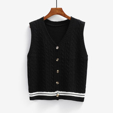 Women Cable Knit Cardigan Vest Sweater Jumper Preppy Knitwear Waistcoat Gilet