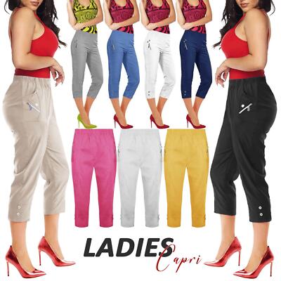 Womens Capri Cropped Pants Three Quarter Trousers Elasticated Waist Pedal Pusher