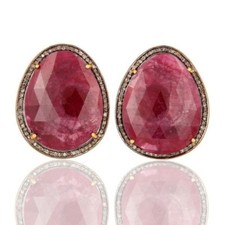 0.74 CT Pave Diamond Natural Ruby 925 Sterling Silver Stud Earrings Jewelry