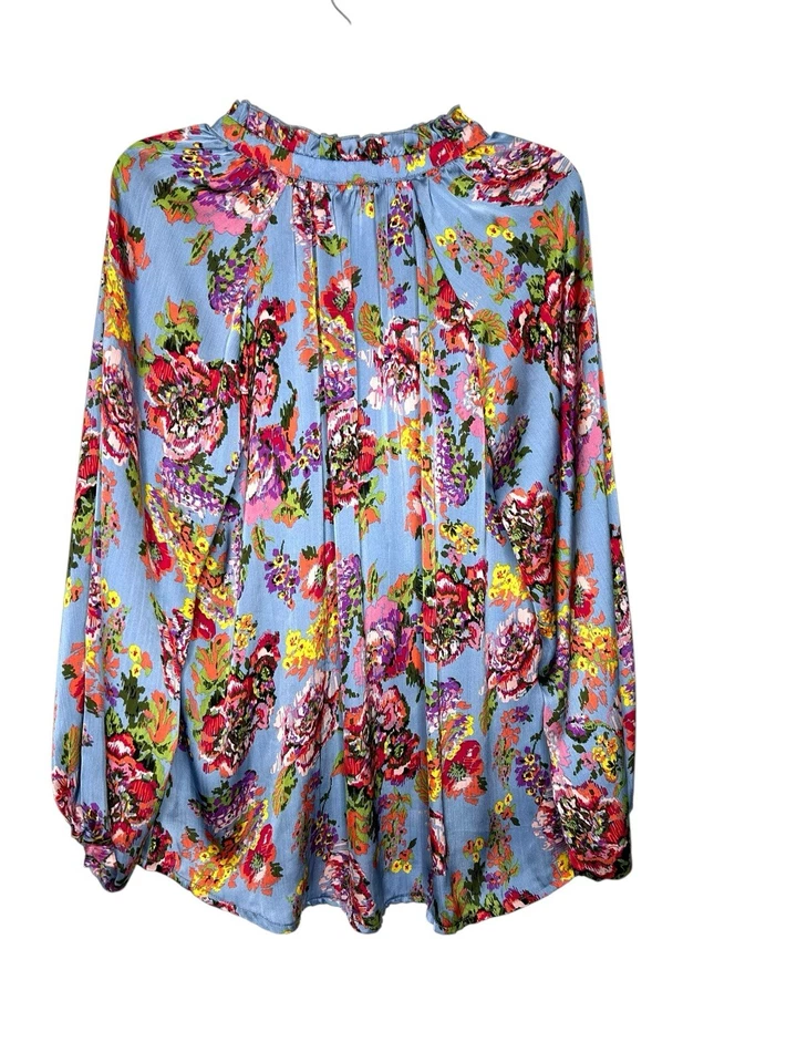 Blusa Top Mujer Azel Hazel Talla M Azul Floral Manga Larga Cuello en V Volantes Escote Foto 2 de 4