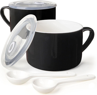 Ceramic Soup Bowls with Handles & Lids Set of 2 30 Oz Microwave Safe