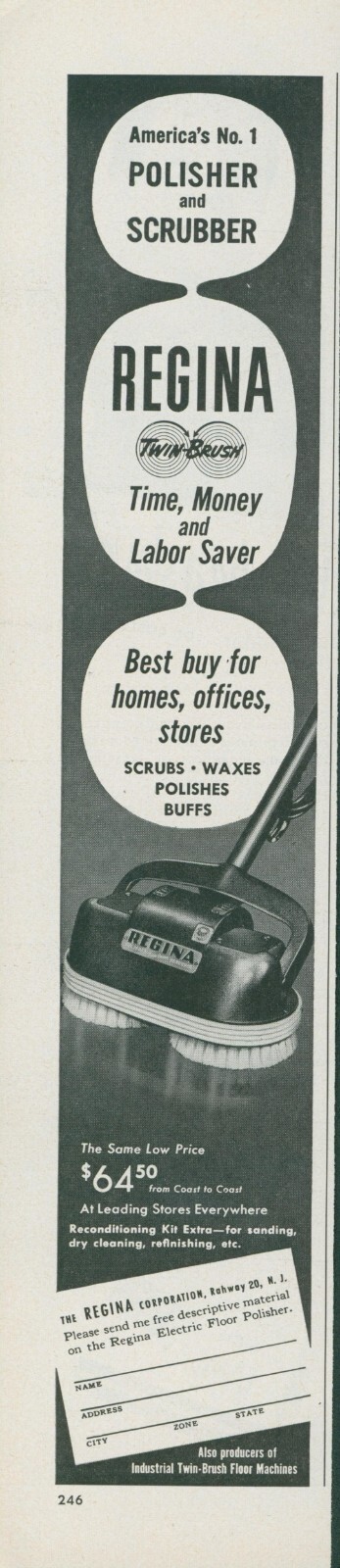 1951 Regina Polisher Scrubber Floor Twin Brush Labor Saver Vintage Print Ad BH1