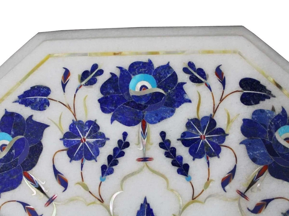 12" Marble Table Top floral lapis lazuli Inlay Handmade Work Home Decor - Image 3 of 4